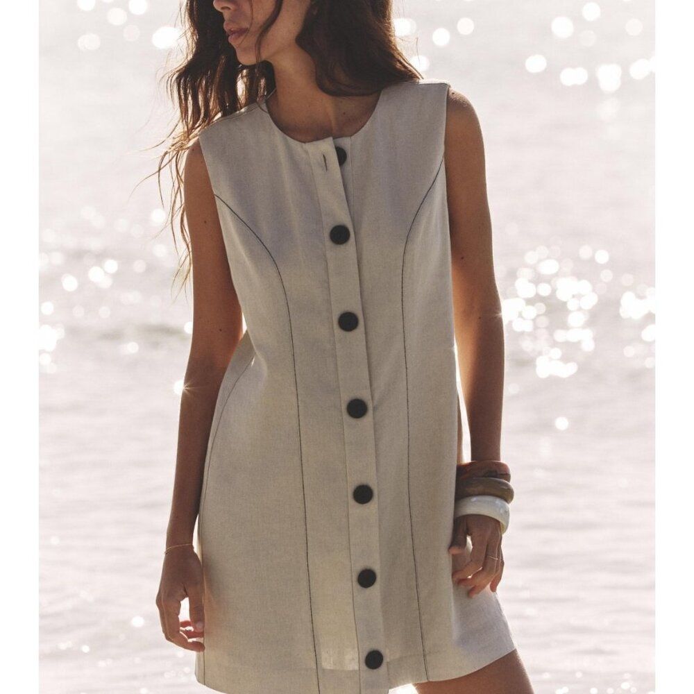 Zara Women Mini Dress Size XL Beige Buttoned Sleeveless Shift Linen 6962/028 NWT